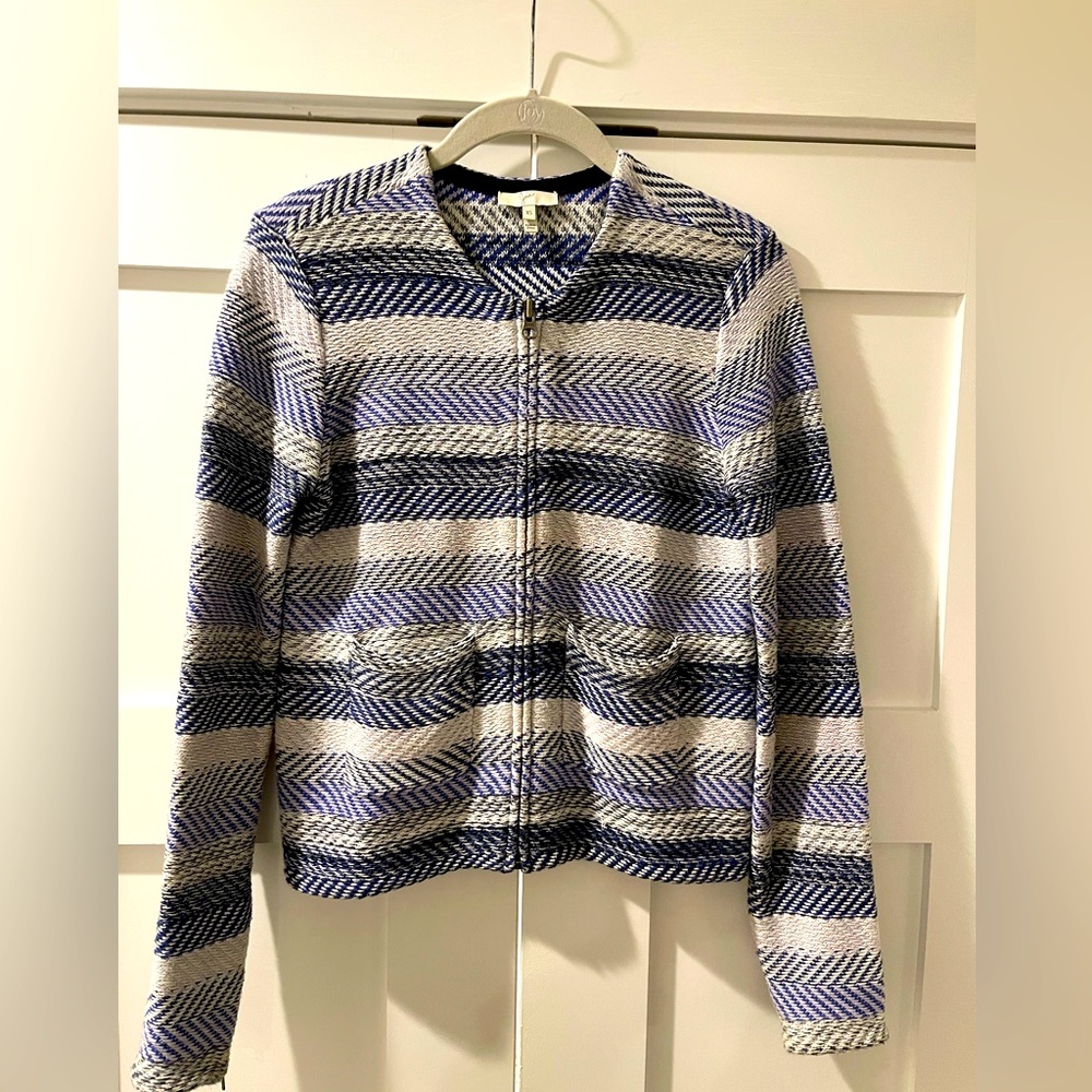 JOIE "Jacolyn B" Knit Jacket Blue/white/Gray Stripes Zip Cuffs Pockets XS